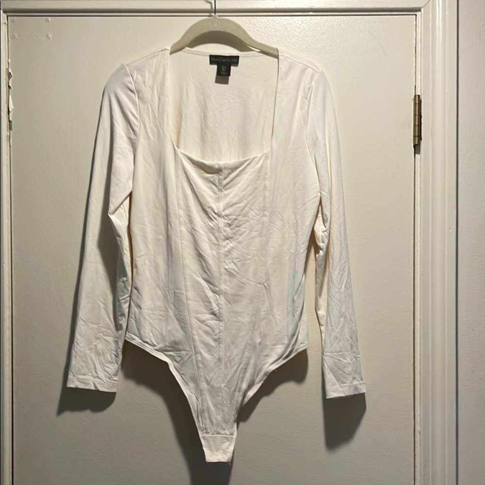 🍑Host Pick🍑 House of Harlow 1960 Ivory Pleated Front Square Neck Thong Bodysuit